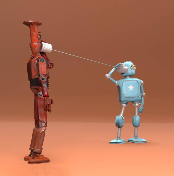 istock Retro two robots talking on tin can phones. 3d render 1473884271