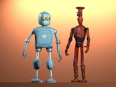 two generations of retro vintage robots 3d render