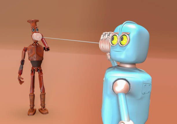 istock Retro two robots talking on tin can phones. 3d render 1473884375