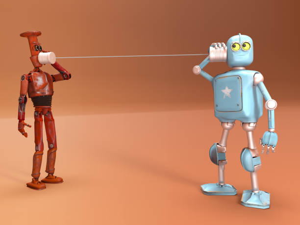 istock Retro two robots talking on tin can phones. 3d render 1473884378