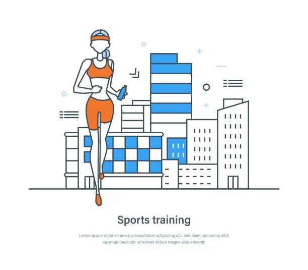 Vector illustration of Sports training, young woman running outdoors, marathon race, jogging tournament. People engaged in active fitness sports, virtual sport training landing page thin line design