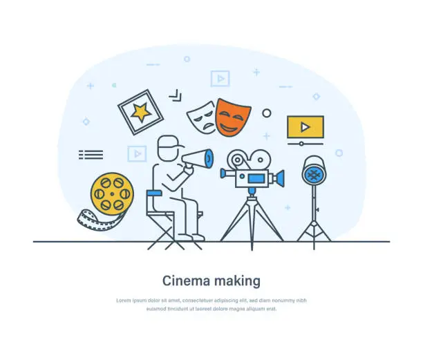 Vector illustration of Cinema making, film and video production creative process. Making movie, video production industry. Filmmaking online course, film school landing page template thin line design