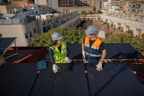 istock Teamwork and engineers on solar roof for maintenance, inspection or installation 1473884881