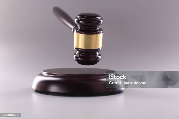Wooden Gavel For Court Or Auction On Gray Background Stock Photo - Download Image Now