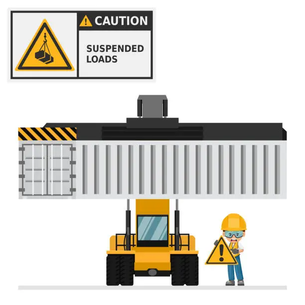 Vector illustration of Reach stacker loading container. Port machinery. Container carrier. Warning Overhead load. Work accident. Worker with personal protective equipment. Industrial safety and occupational health at work