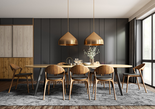 Interior of modern dining room, dining table and wooden chairs against black paneling wall. Home design. 3d rendering