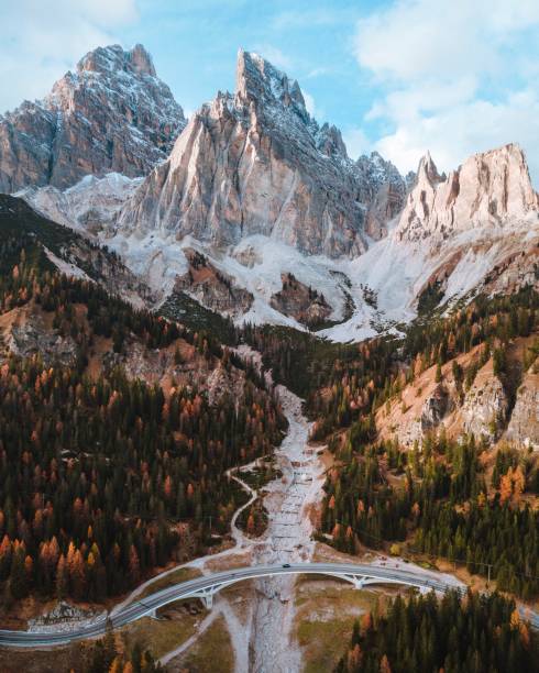 herbstlicher wald und die wunderschönen italienischen dolomiten - rawpixel stock-fotos und bilder