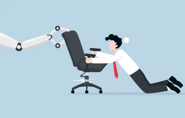 Vector illustration of Opportunity to lose job for AI, reducing number of human workers in organization or company, impact of technology for employment concept, Businessman scrambling office chair with AI.