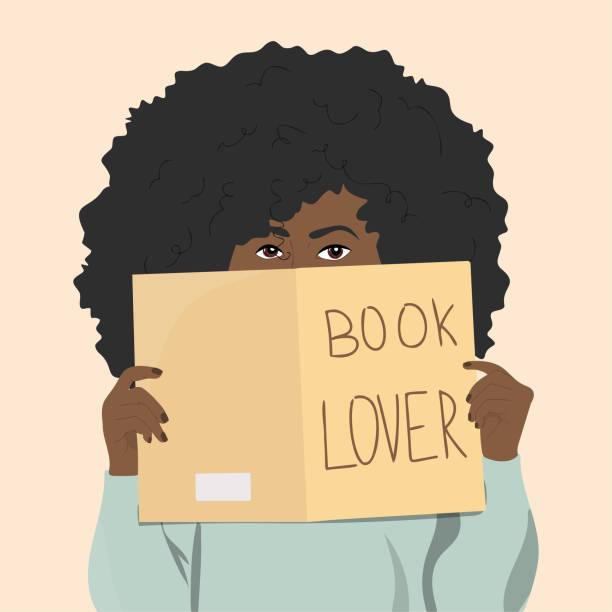 ilustraciones, imágenes clip art, dibujos animados e iconos de stock de mujer afroamericana escondida detrás de un libro - librarian