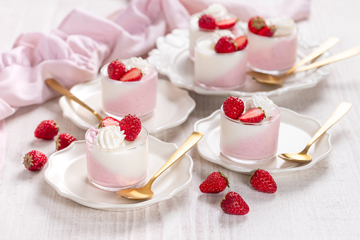 Traditional italian dessert vanilla strawberry panna cotta
