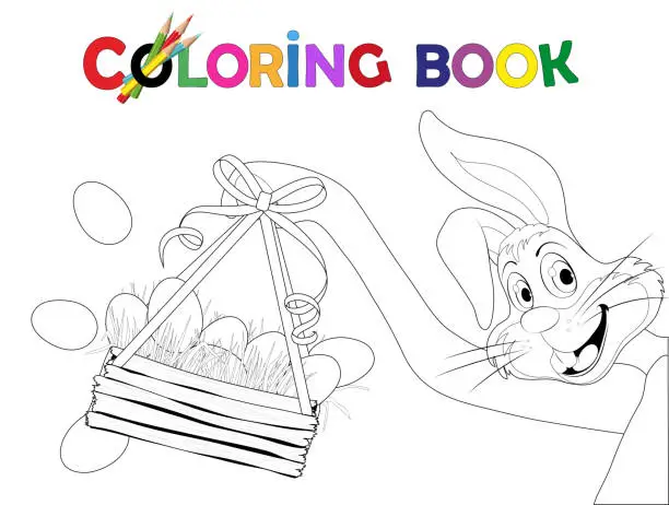 Vector illustration of Coloring book - Easter Bunny cheerfully holds a basket with grass and Easter eggs,
a few easter eggs fall out,
Vector illustration isolated on white background