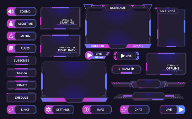 Game streaming interface elements. Gaming frames, bars and buttons, mmo game menu elements flat vector illustration set. Futuristic game stream dashboard icons Game streaming interface elements. Gaming frames, bars and buttons, mmo game menu elements flat vector illustration set. Futuristic game stream dashboard icons leisure games stock illustrations