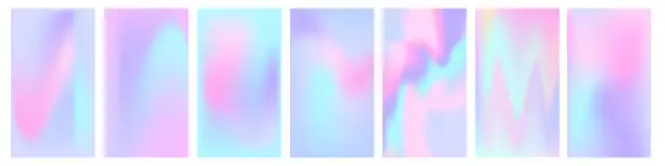 Vector illustration of Social media story holographic blurred gradient background set. Aesthetic iridescent pink and blue blurry 16x9 backgrounds. Abstract mesh holography texture. Pearlescent vector backdrop.