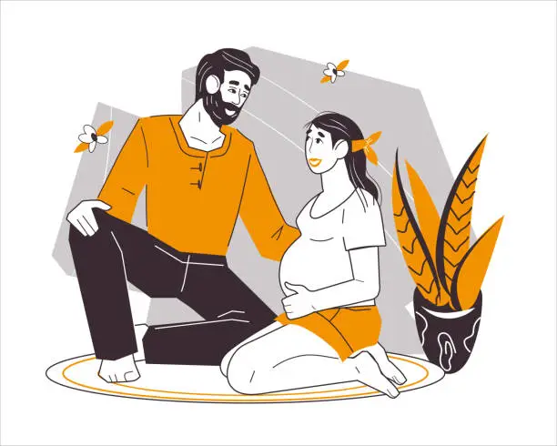 Vector illustration of Couple expecting baby. Husband supporting and assisting his pregnant wife vector.