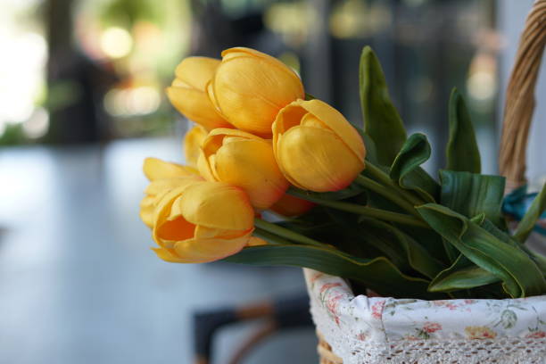 yellow tulips in a basket
