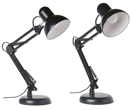 set of vintage black desk lamp isolated on white background, taken in different angles, interior office or home decoration concept, template mock-up