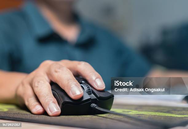 Closeup Image Hand Human Using Computer Mouse Coding Or Data Analysis ...