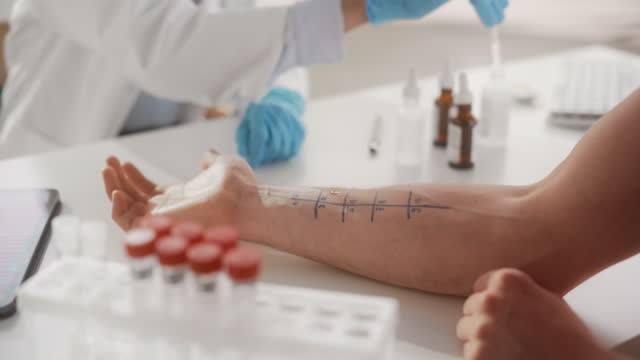Close Up of a Patient Passing a Prick Scratch Allergy Test. Allergist Using Different Allergens on a Skin of a Young Man. Immunologist Diagnosing Allergy Triggers