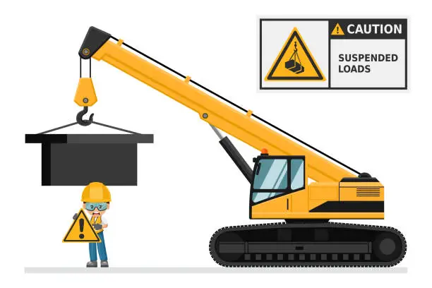 Vector illustration of Telescopic crane on caterpillars. Warning Overhead load. Work accident. Worker with personal protective equipment. Industrial safety and occupational health at work