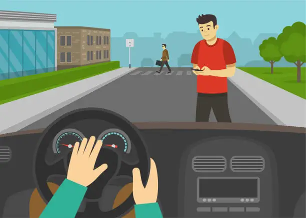 Vector illustration of Male character crossing the road while using mobile phone in front of a car. Car driver is honking horn to pedestrian. Inside view.