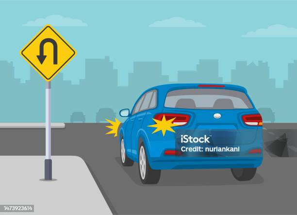 Verkehrsregelndes Schild Blaues Suvauto Ist Dabei Links Auf Die Schnellstraße Abzubiegen Gelbes Uturnverkehrsschild Stock Vektor Art und mehr Bilder von Auto