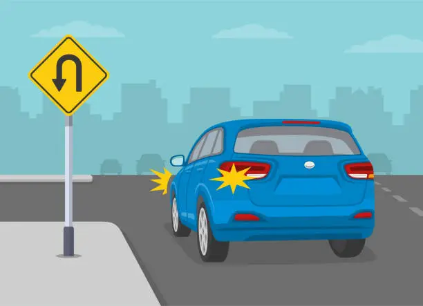 Vector illustration of Traffic regulating sign. Blue suv car is about to turn left on expressway. Yellow u-turn road sign.