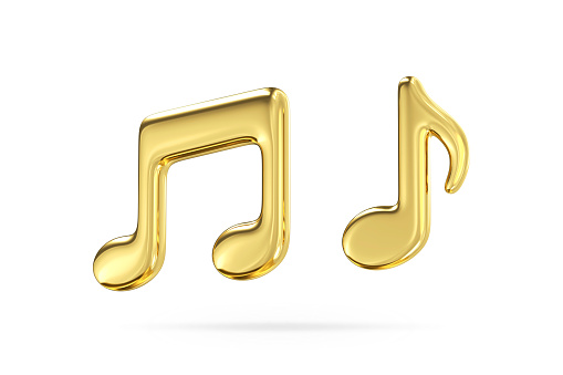 Gold note icon. Volumetric music tone symbol. Song compositions and sonatas. Classical decoration of festivals and concerts. Creation of symphonies. Realistic 3d rendering