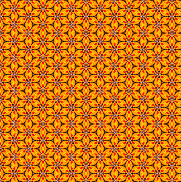 A colorful repeat pattern floral background of melon, grape, mango and kiwi fruits