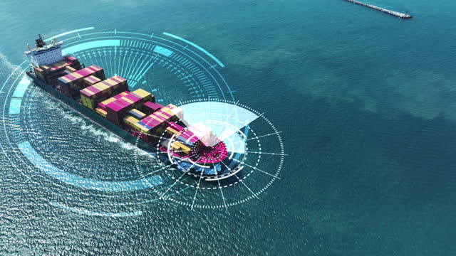 Technology Cargo Ship Futuristic Global Logistics international delivery concept, World map logistic and supply chain network distribution container export import to customs concept technology transportation