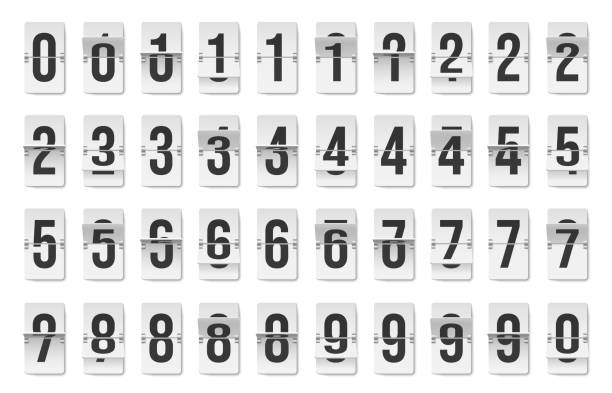 2302.m10.i015.n019.s.c15.1440128171 flip-clock-nummer eingestellt. tafel mit zifferblatt, alte veraltete mechanische countdown-anzeigetafel mit numerischer zähleranimation. vektor-sammlung - timeboard stock-grafiken, -clipart, -cartoons und -symbole