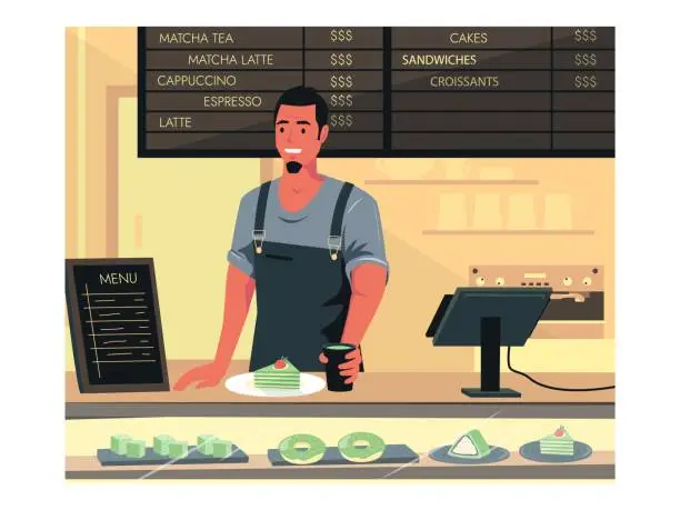 Vector illustration of Matcha menu. Coffeeshop with green leaves tea products and barista character with cup of matcha latte cartoon flat style. Vector isolated set