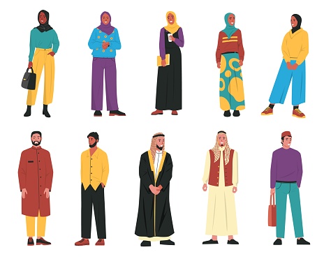 Various arabic people. Cartoon muslim male female characters, persons in traditional arabian, woman in hijab man in islamic headwear. Vector set of female and male muslim character illustration