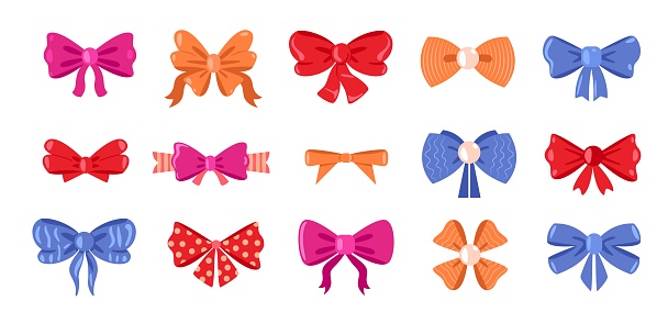 Bows with ribbons. Cute hair bowknot and gift package tied elements, cartoon colorful woman hairstyle different shapes and textures. Vector set of decoration ribbon bow, cute design illustration