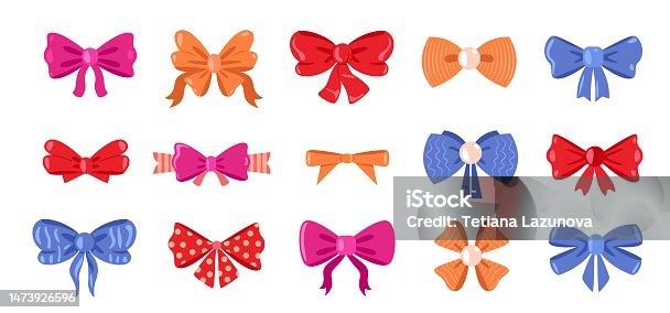 istock Bows with ribbons. Cute hair bowknot and gift package tied elements, cartoon colorful woman hairstyle accessory different shapes and textures. Vector set 1473926596