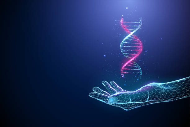 abstrakte blau gebende hand mit fliegender 3d-dna-molekülhelix - dna chromosome genetic research genetic mutation stock-grafiken, -clipart, -cartoons und -symbole