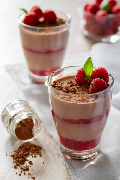 istock Succulent cocoa and raspberry dessert, decorated with cocoa powder and mint 1473926943