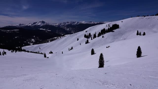 Panning video of some of the Back Bowls with distant skiers. Vail ski resort, Colorado.