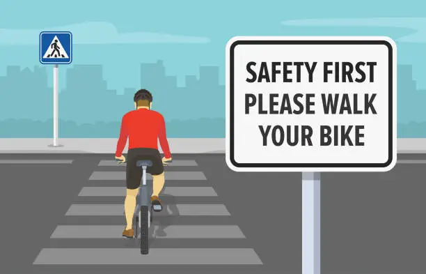 Vector illustration of Safe bicycle riding tips and rules. Dismount your bike before crossing street. Back view of cyclist on crosswalk.