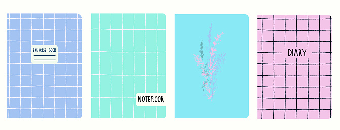Set of cover page templates with lavanda flowers and hand drawn spiral lines. Based on seamless patterns. Headers isolated and replaceable. Perfect for school notebooks, notepads, diaries
