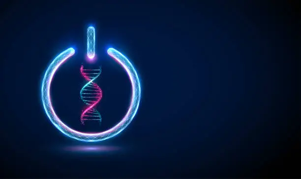 Vector illustration of Abstract blue and purple 3d DNA molecule helix in power button.
