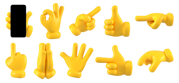 Yellow emoji collection icon character hands gesture. Set with hands showing different gestures isolated. 3d rendering.