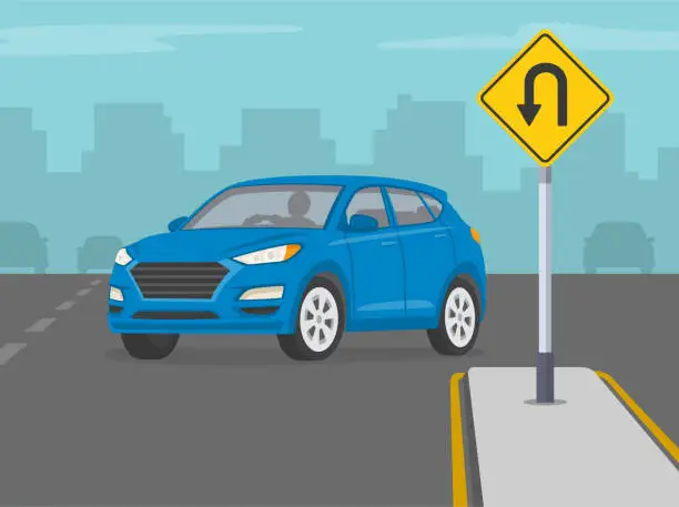 Vector illustration of Blue suv turning left on highway. Yellow u-turn road sign allows to make a u-turn. Front view.