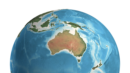High resolution satellite view of Planet Earth, focused on Oceania, Australia and New Zealand, Melanesia, Polynesia and Micronesia - 3D illustration (Blender software), elements of this image furnished by NASA (https://eoimages.gsfc.nasa.gov/images/imagerecords/147000/147190/eo_base_2020_clean_3600x1800.png)