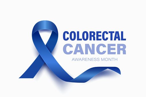 Colorectal Cancer Banner, Card, Placard with Vector 3d Realistic Dark Blue Ribbon on White Background. Colon Cancer Awareness Month Symbol Closeup. World Colorectal, Colon Cancer Day Concept.