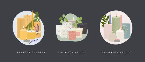Vector illustration of Set of illustrations of scented burning candles. Beeswax, paraffin, soy wax candles in jar and pillar with greenery, abstract shape. Home decorative candles. Hand draw vector illustration