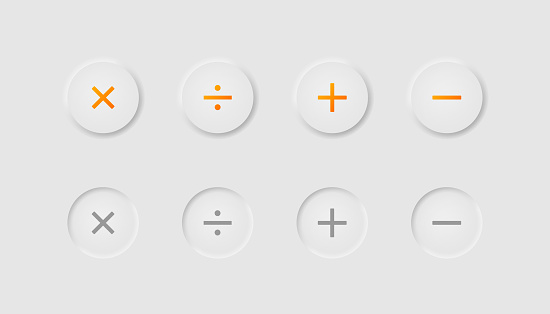 Calculator orange buttons in neumorphism style. Icons for business, white UI, UX. Calculation symbol. Mathematis, accounting interface. Neumorphic style. Vector illustration