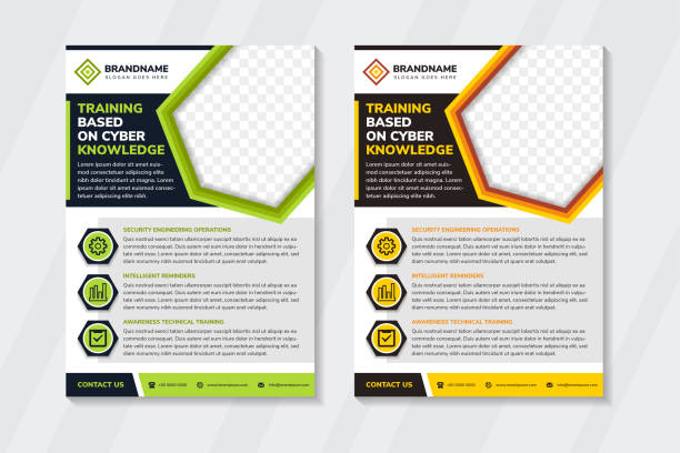 training based on cyber knowledge flyer design template use vertical layout with white background training based on cyber knowledge flyer design template use vertical layout with white background. combination of green, orange and black on element design. hexagon space of photo collage. paper based equipment stock illustrations