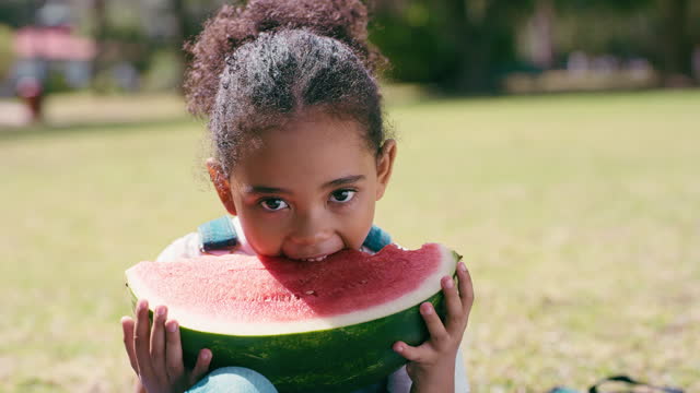African female child, watermelon and park for eating, nutrition and happiness in summer sunshine on holiday. Happy girl kid, fruit and portrait with food, freedom and excited for adventure in nature