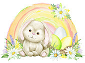 istock bunny, rainbow, eggs, flowers. Watercolor clipart, for the Easter holiday. 1473939211