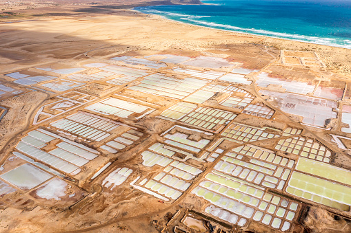 Aerial view of Salinas - salt ponds located on the south of Sal Island, Cape Verde, Africa